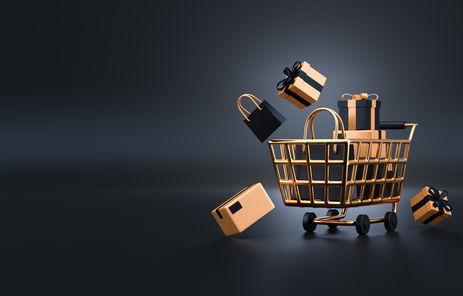 Shopping Cart with 3D Bags and Gift. 3D Illustration